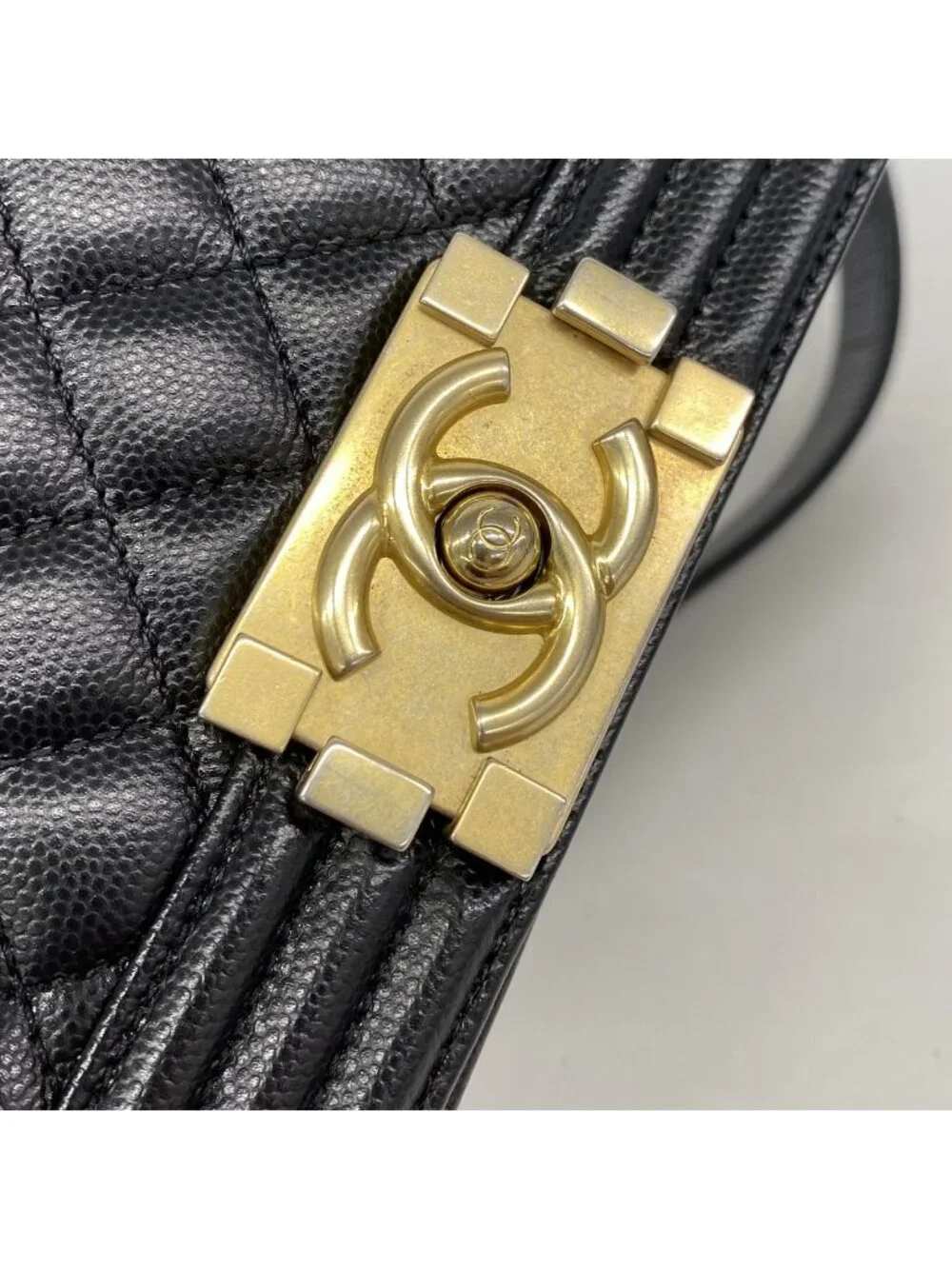 Chanel Shoulder Bag Boy Caviar Leather Black Champagne Gold